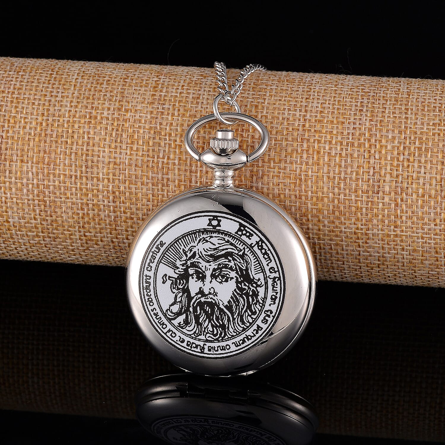 Strada Japanese Movement 3D Talisman of The Sun (1st Pentacle) Pattern Pocket Watch with Chain in Silvertone (36 Inches)