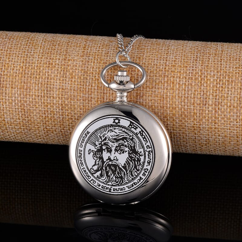 Strada Japanese Movement 3D Talisman of The Sun (1st Pentacle) Pattern Pocket Watch with Chain in Silvertone (36 Inches)