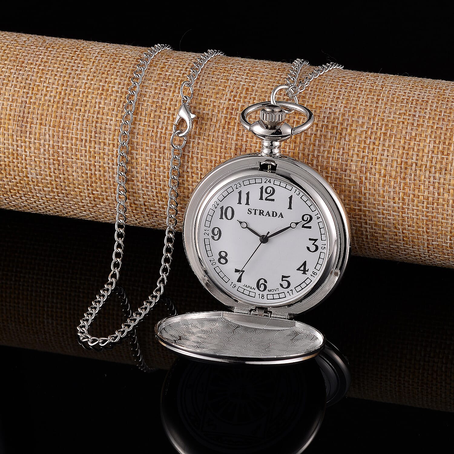 Strada Japanese Movement 3D Talisman of The Sun (1st Pentacle) Pattern Pocket Watch with Chain in Silvertone (36 Inches)