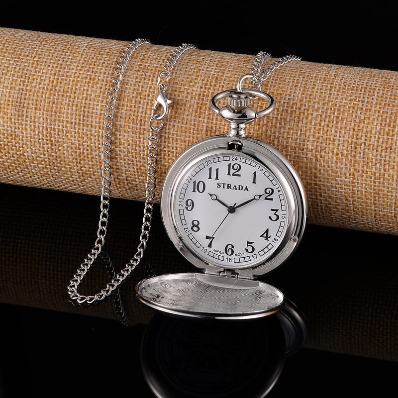 Strada Japanese Movement 3D Talisman of The Sun (1st Pentacle) Pattern Pocket Watch with Chain in Silvertone (36 Inches)