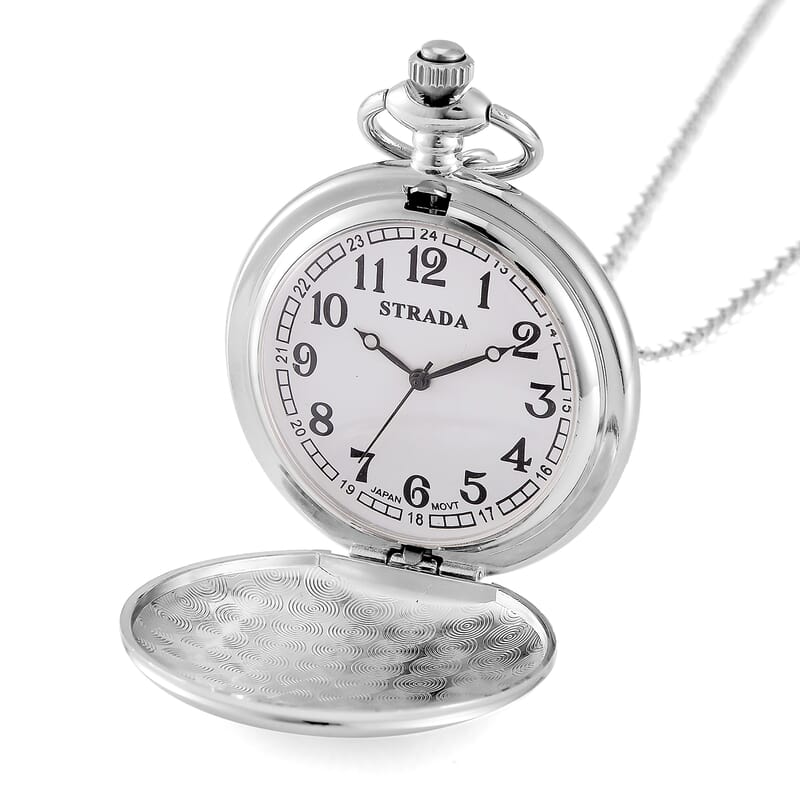 Strada Japanese Movement 3D Talisman of The Sun (1st Pentacle) Pattern Pocket Watch with Chain in Silvertone (36 Inches)