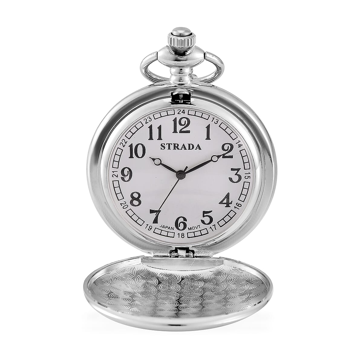Strada Japanese Movement 3D Talisman of The Sun (1st Pentacle) Pattern Pocket Watch with Chain in Silvertone (36 Inches) image number 5