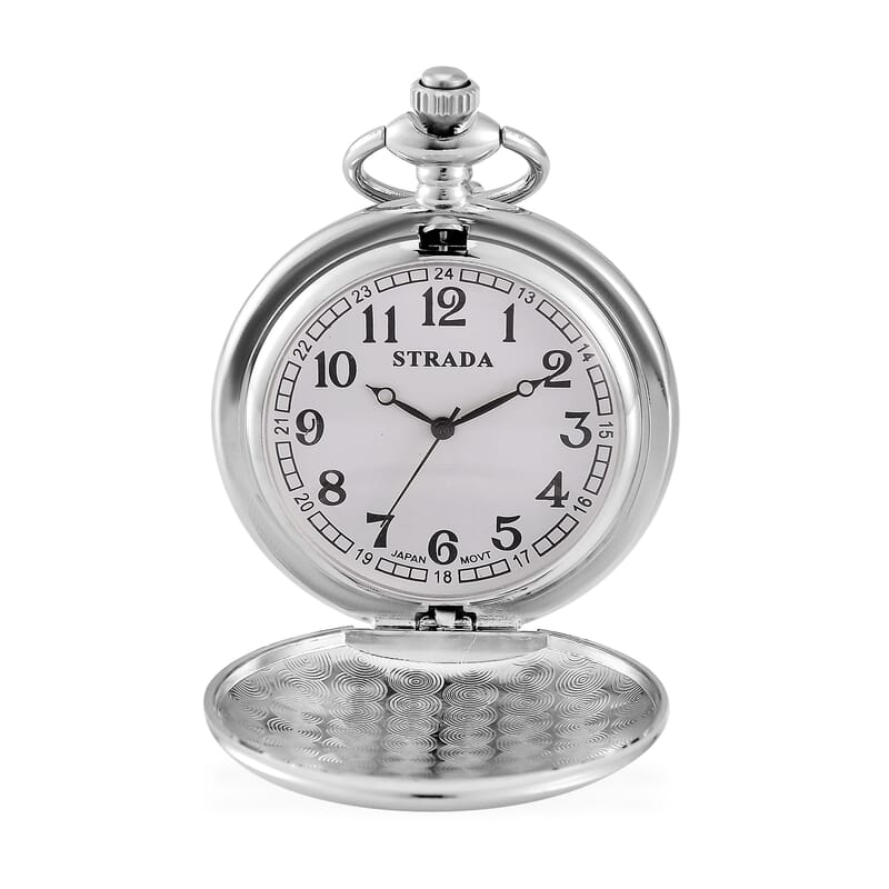 Strada Japanese Movement 3D Talisman of The Sun (1st Pentacle) Pattern Pocket Watch with Chain in Silvertone (36 Inches)