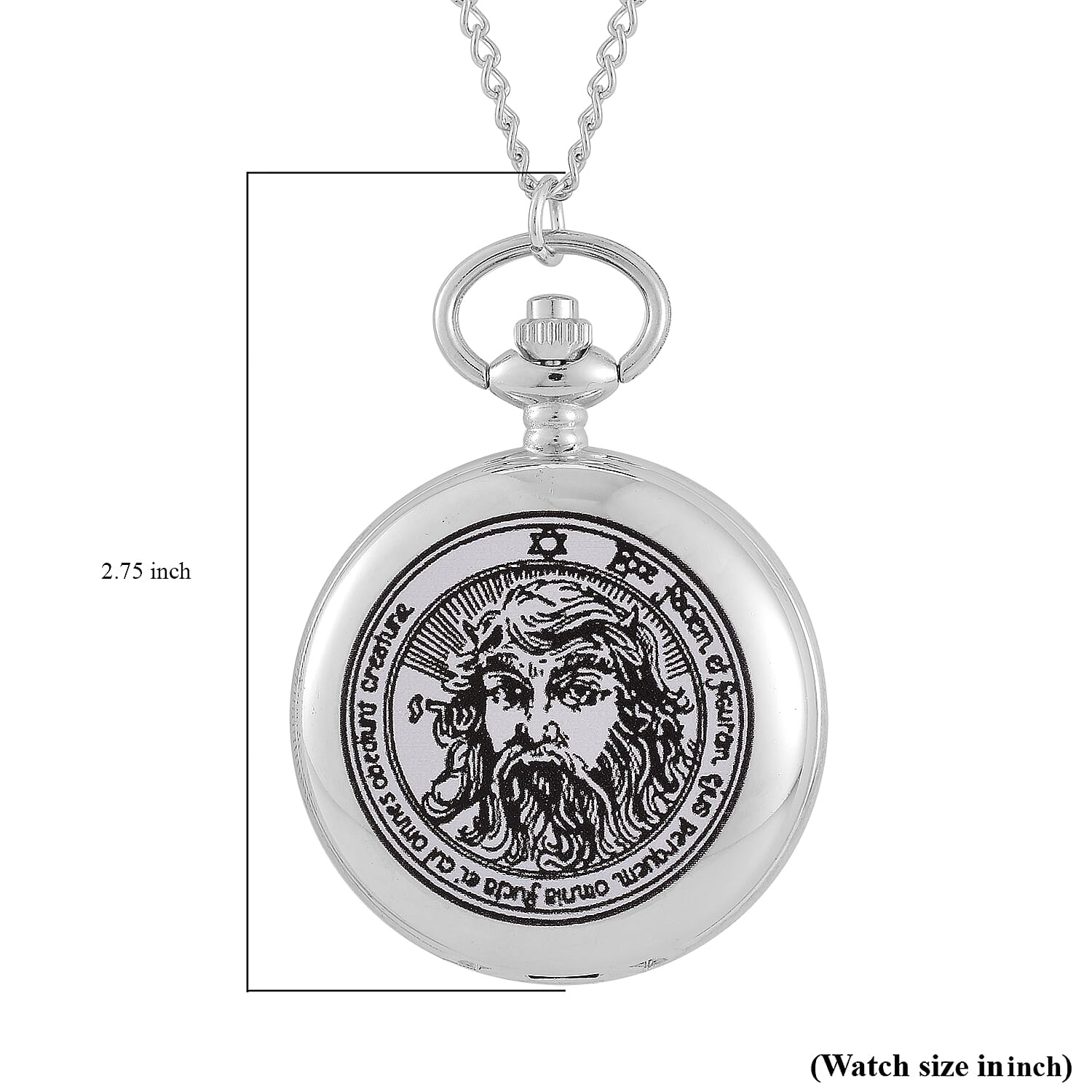 Strada Japanese Movement 3D Talisman of The Sun (1st Pentacle) Pattern Pocket Watch with Chain in Silvertone (36 Inches)