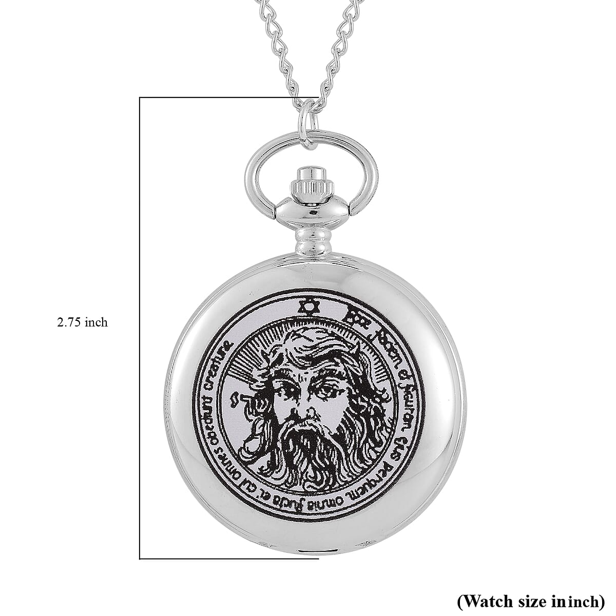 Strada Japanese Movement 3D Talisman of The Sun (1st Pentacle) Pattern Pocket Watch with Chain in Silvertone (36 Inches) image number 7