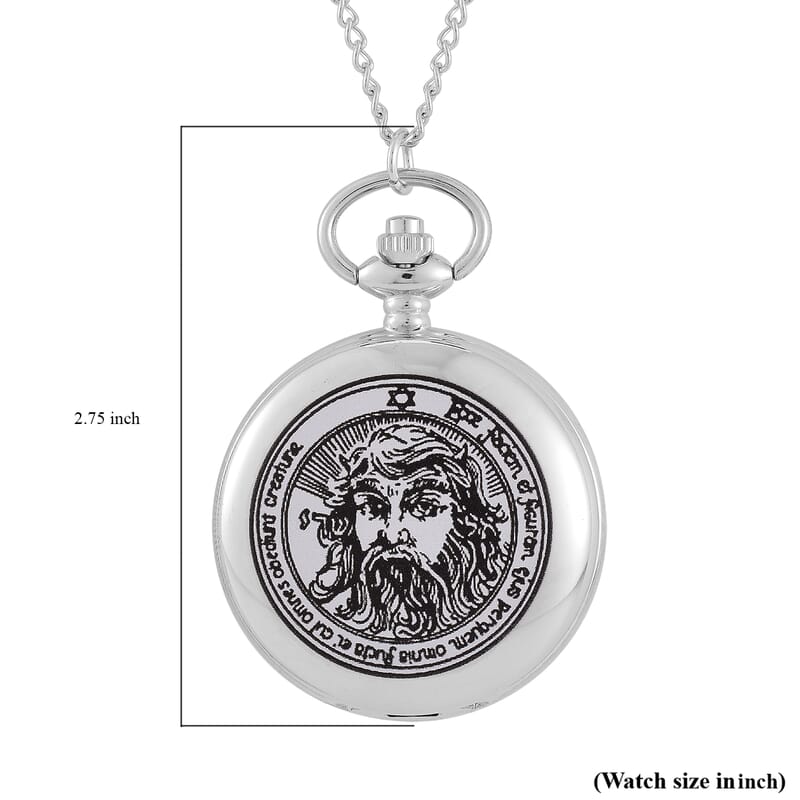 Strada Japanese Movement 3D Talisman of The Sun (1st Pentacle) Pattern Pocket Watch with Chain in Silvertone (36 Inches)