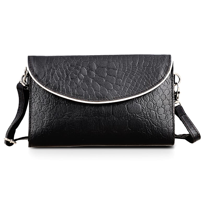 Black 100% Genuine Leather Croco Embossed Flap Closure Crossbody Bag