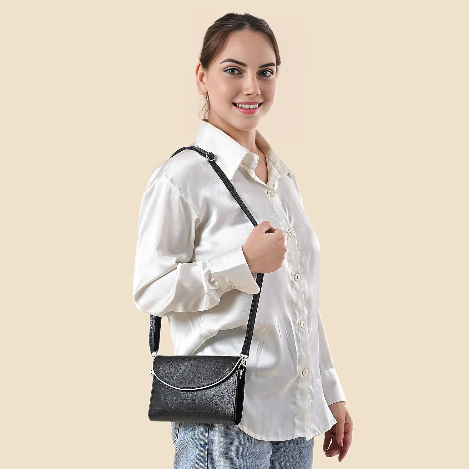Black 100% Genuine Leather Flap Closure Crossbody Bag