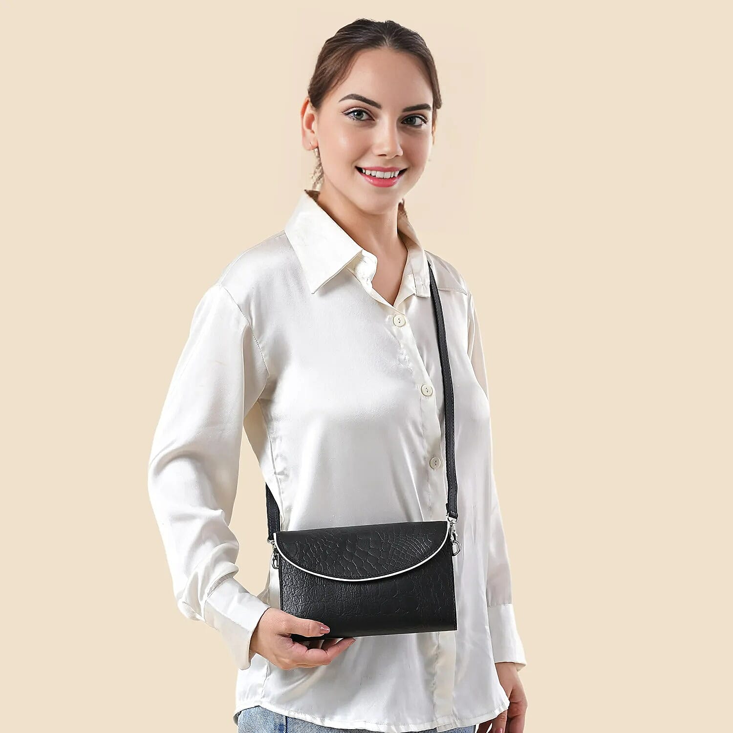 Black 100% Genuine Leather Flap Closure Crossbody Bag