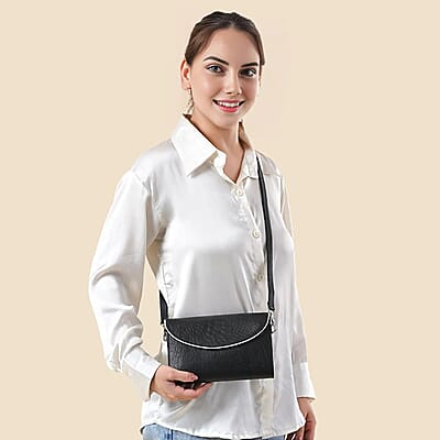 Black 100% Genuine Leather Croco Embossed Flap Closure Crossbody Bag