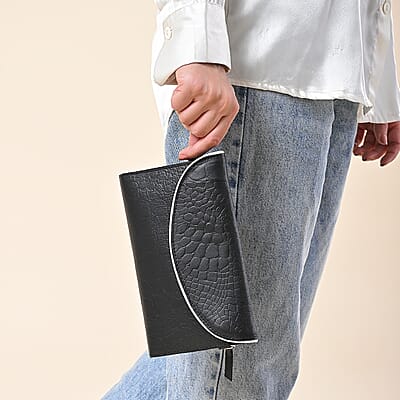 Black 100% Genuine Leather Croco Embossed Flap Closure Crossbody Bag