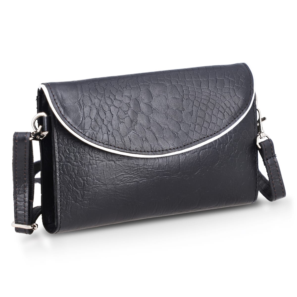 Black 100% Genuine Leather Flap Closure Crossbody Bag image number 4