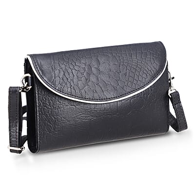 Black 100% Genuine Leather Croco Embossed Flap Closure Crossbody Bag