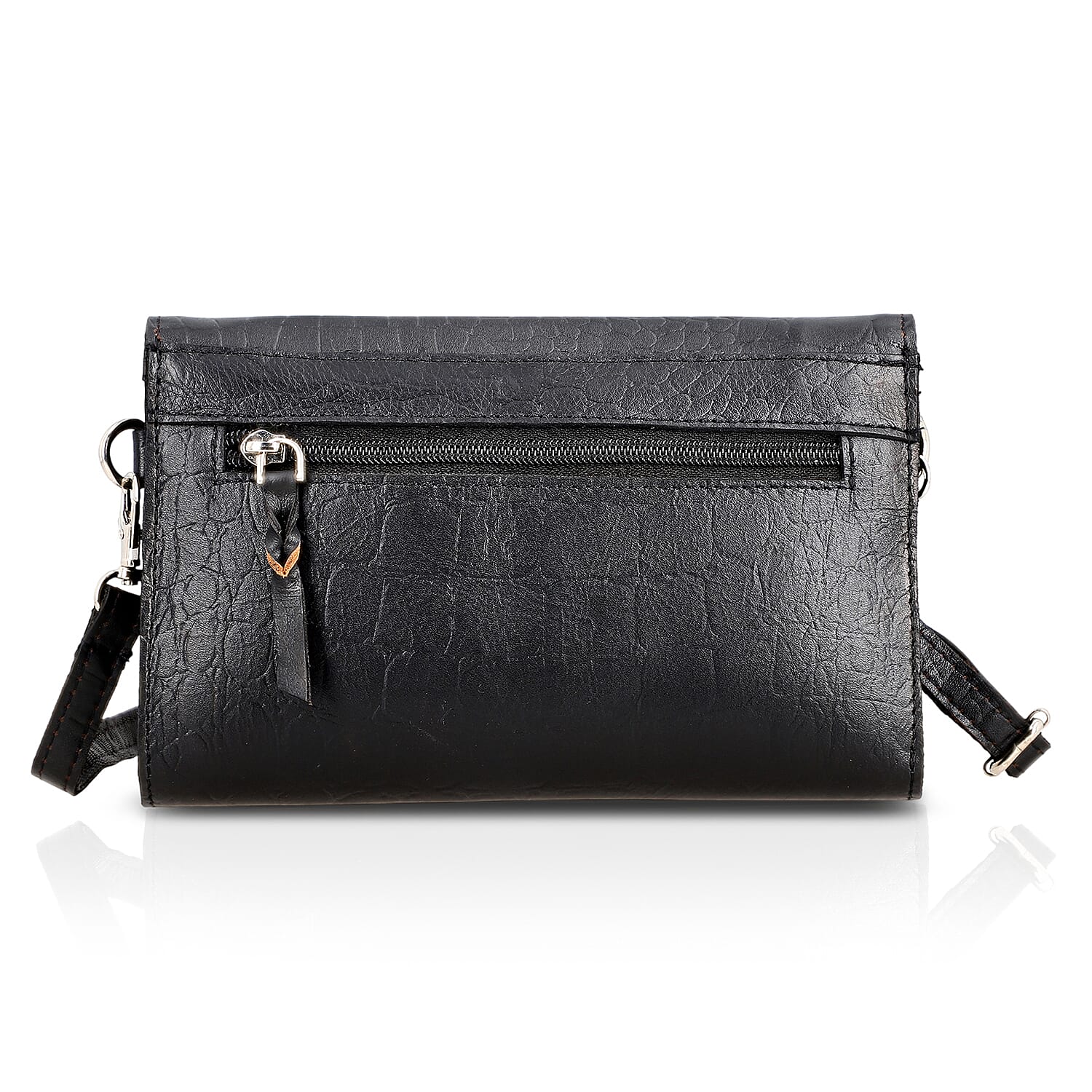 Black 100% Genuine Leather Flap Closure Crossbody Bag