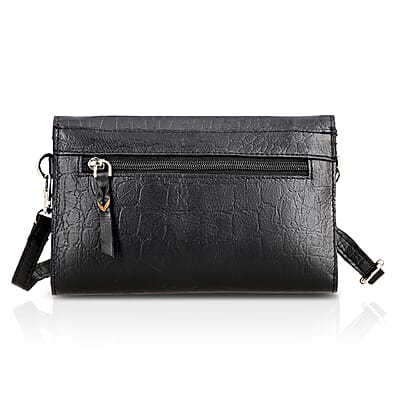 Black 100% Genuine Leather Croco Embossed Flap Closure Crossbody Bag