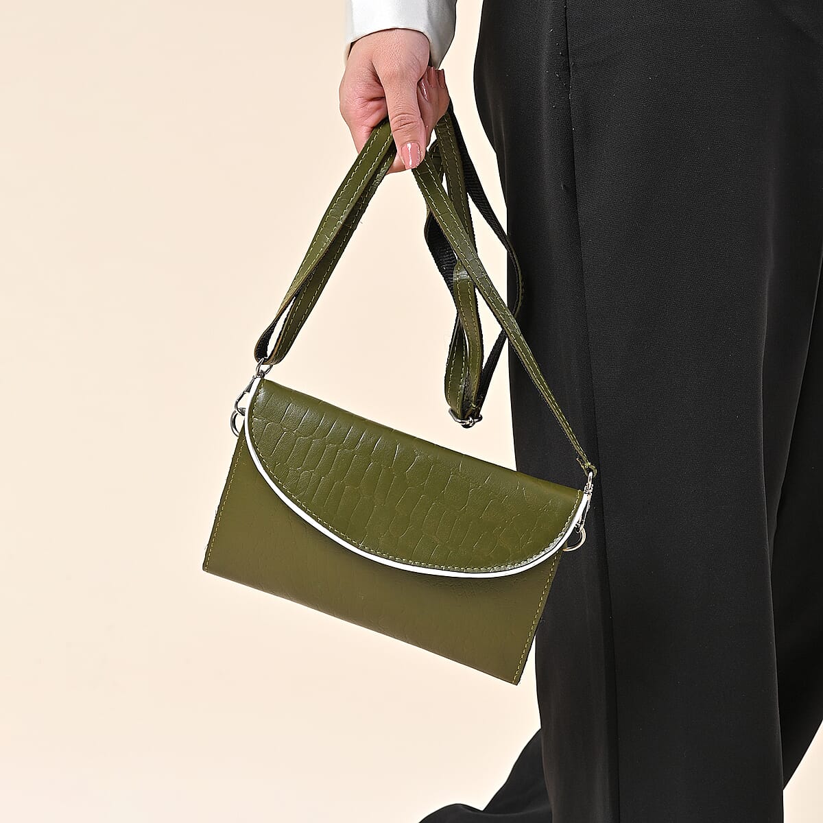 Green 100% Genuine Leather Flap Closure Crossbody Bag image number 3