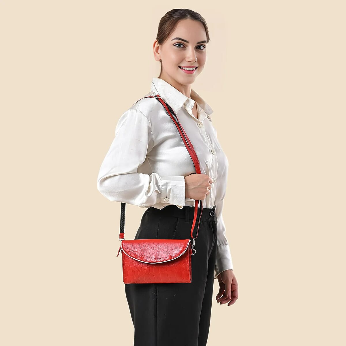 Red 100% Genuine Leather Flap Closure Crossbody Bag image number 1
