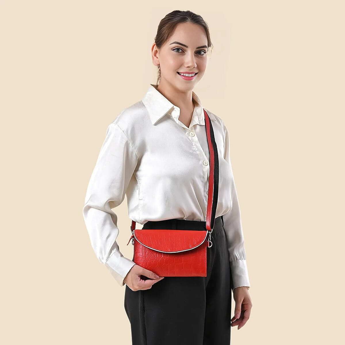 Red 100% Genuine Leather Flap Closure Crossbody Bag image number 2