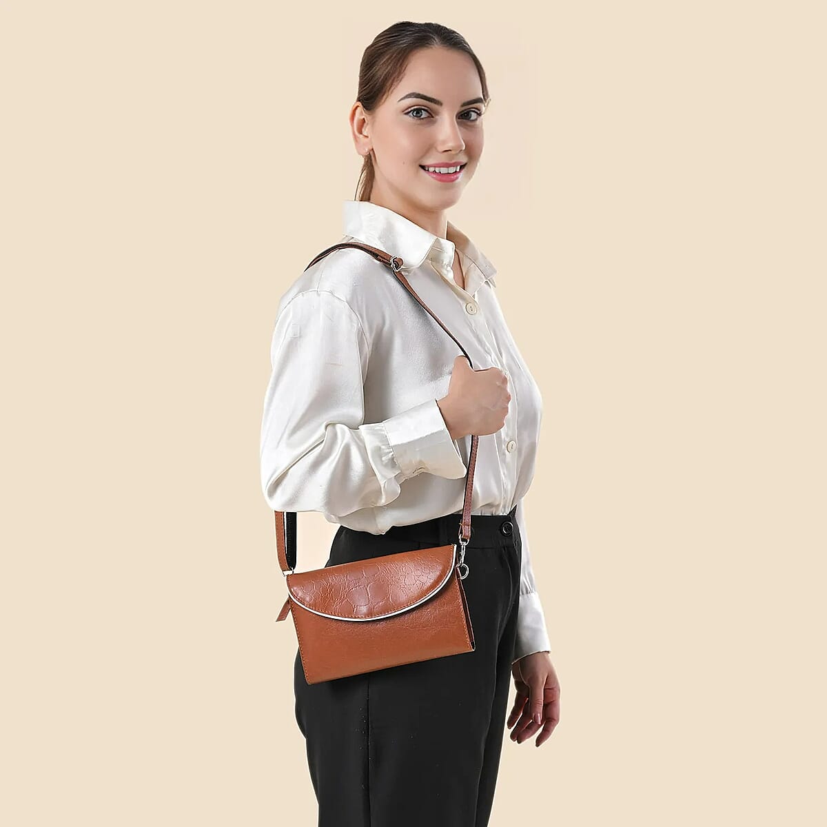 Tan 100% Genuine Leather Flap Closure Crossbody Bag  image number 1