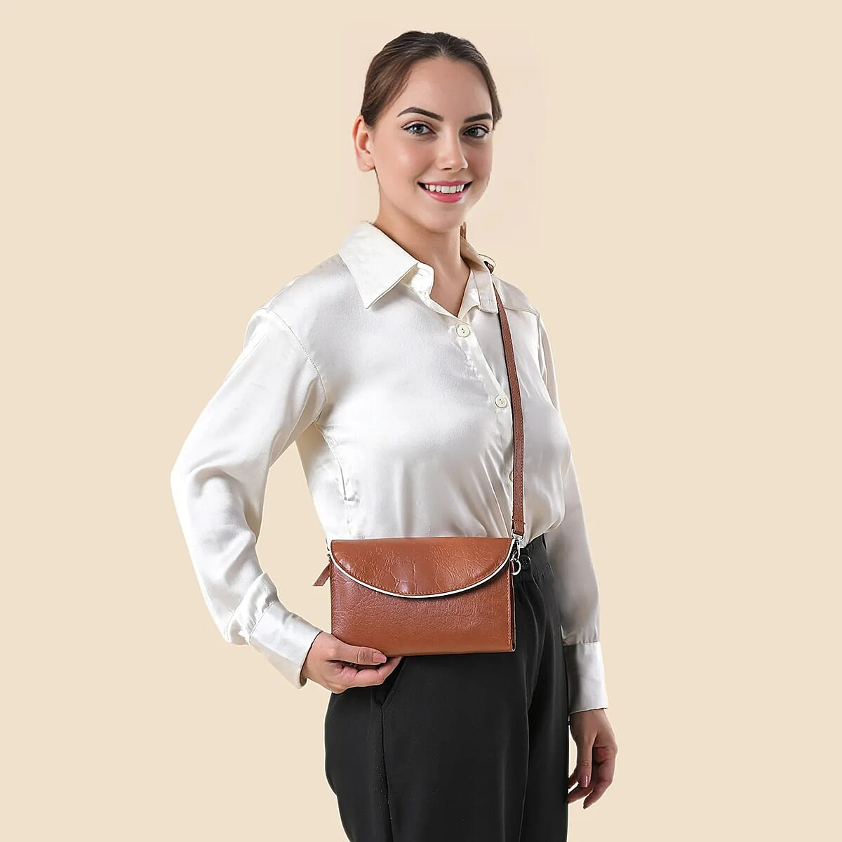 Tan 100% Genuine Leather Flap Closure Crossbody Bag  image number 2