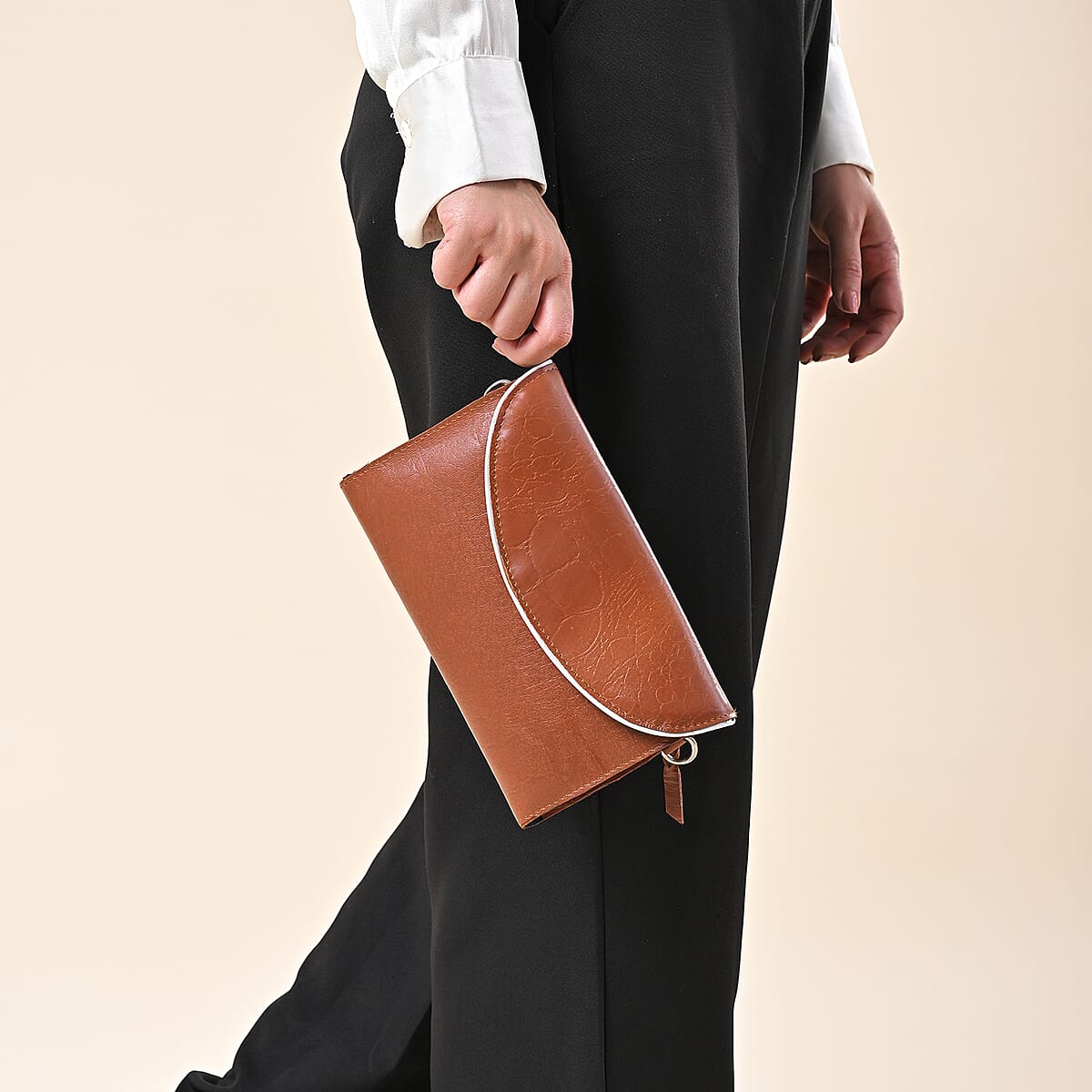 Tan 100% Genuine Leather Flap Closure Crossbody Bag  image number 3