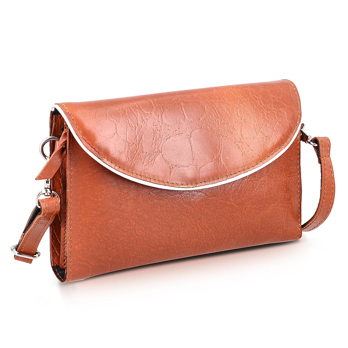 Tan 100% Genuine Leather Flap Closure Crossbody Bag  image number 4