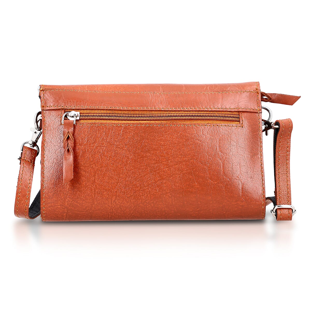 Tan 100% Genuine Leather Flap Closure Crossbody Bag  image number 6
