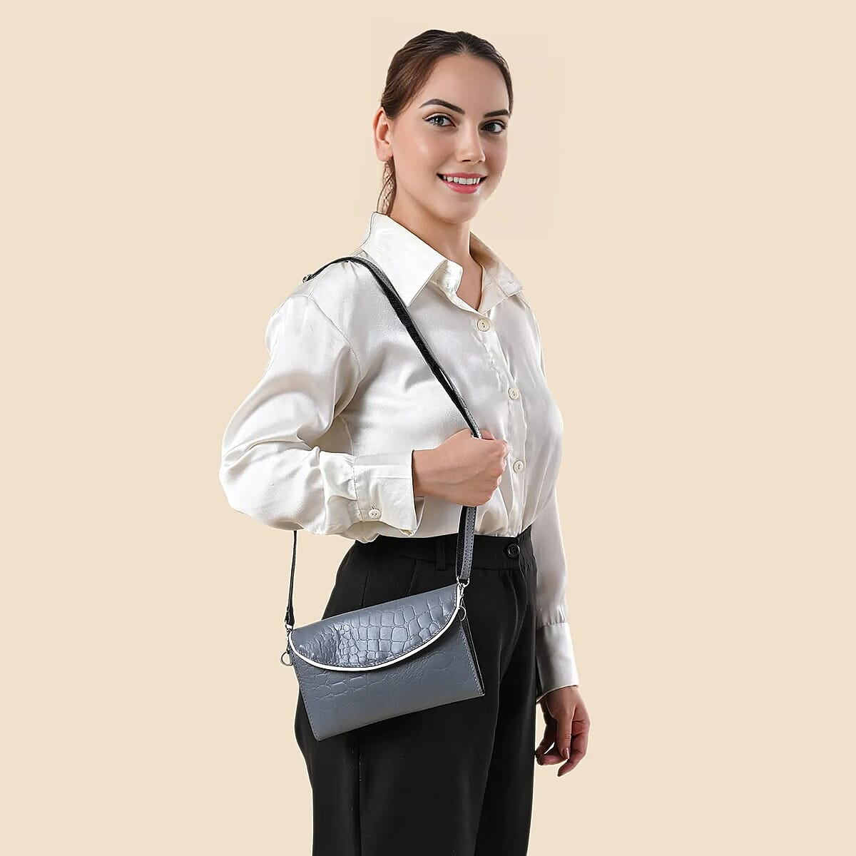 Gray 100% Genuine Leather Flap Closure Crossbody Bag image number 1