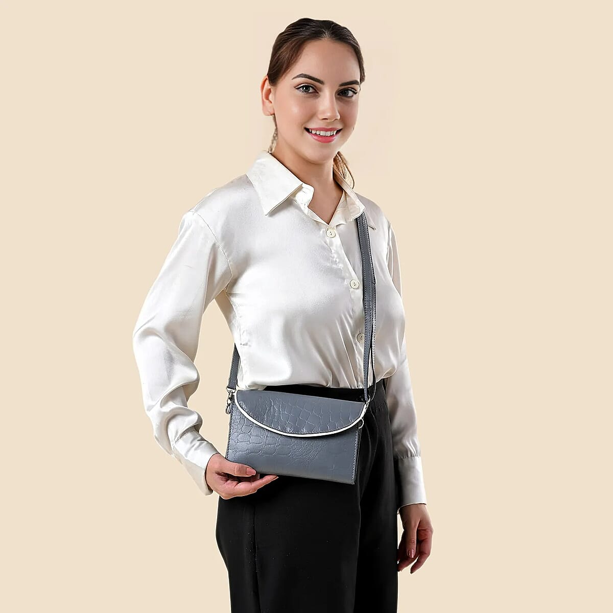 Gray 100% Genuine Leather Flap Closure Crossbody Bag image number 2