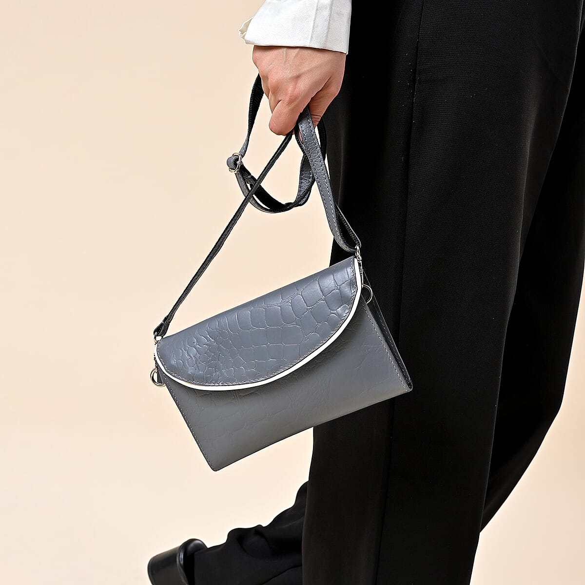 Gray 100% Genuine Leather Flap Closure Crossbody Bag image number 3