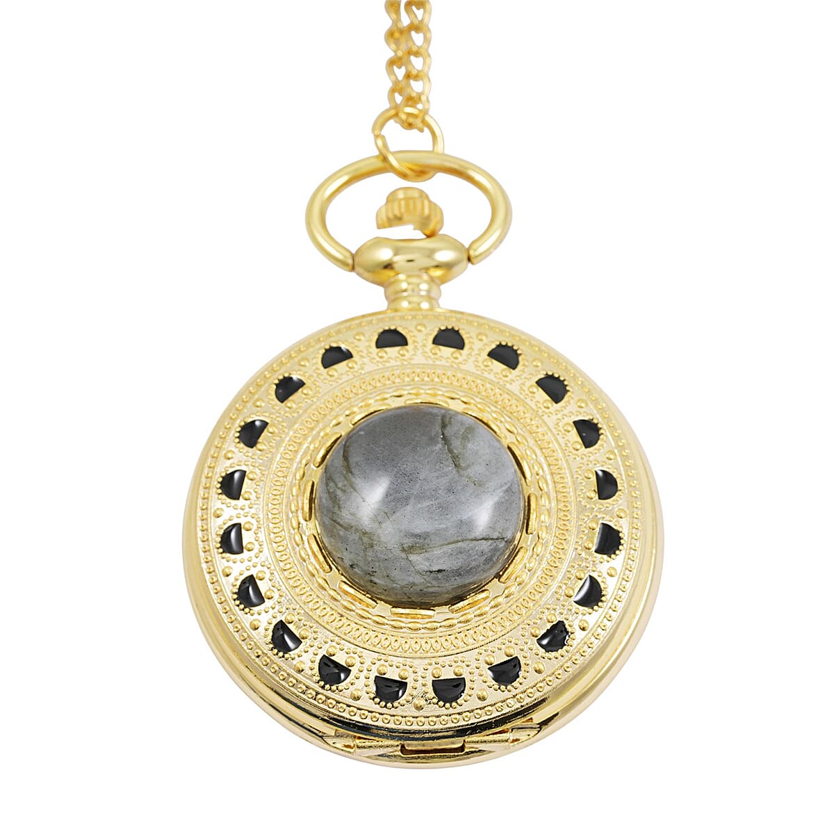 Strada Japanese Movement Labradorite Pocket Watch with Chain (36 Inches) in Goldtone 15.00 ctw image number 0