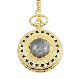 Strada Japanese Movement Labradorite Pocket Watch with Chain (36 Inches) in Goldtone 15.00 ctw