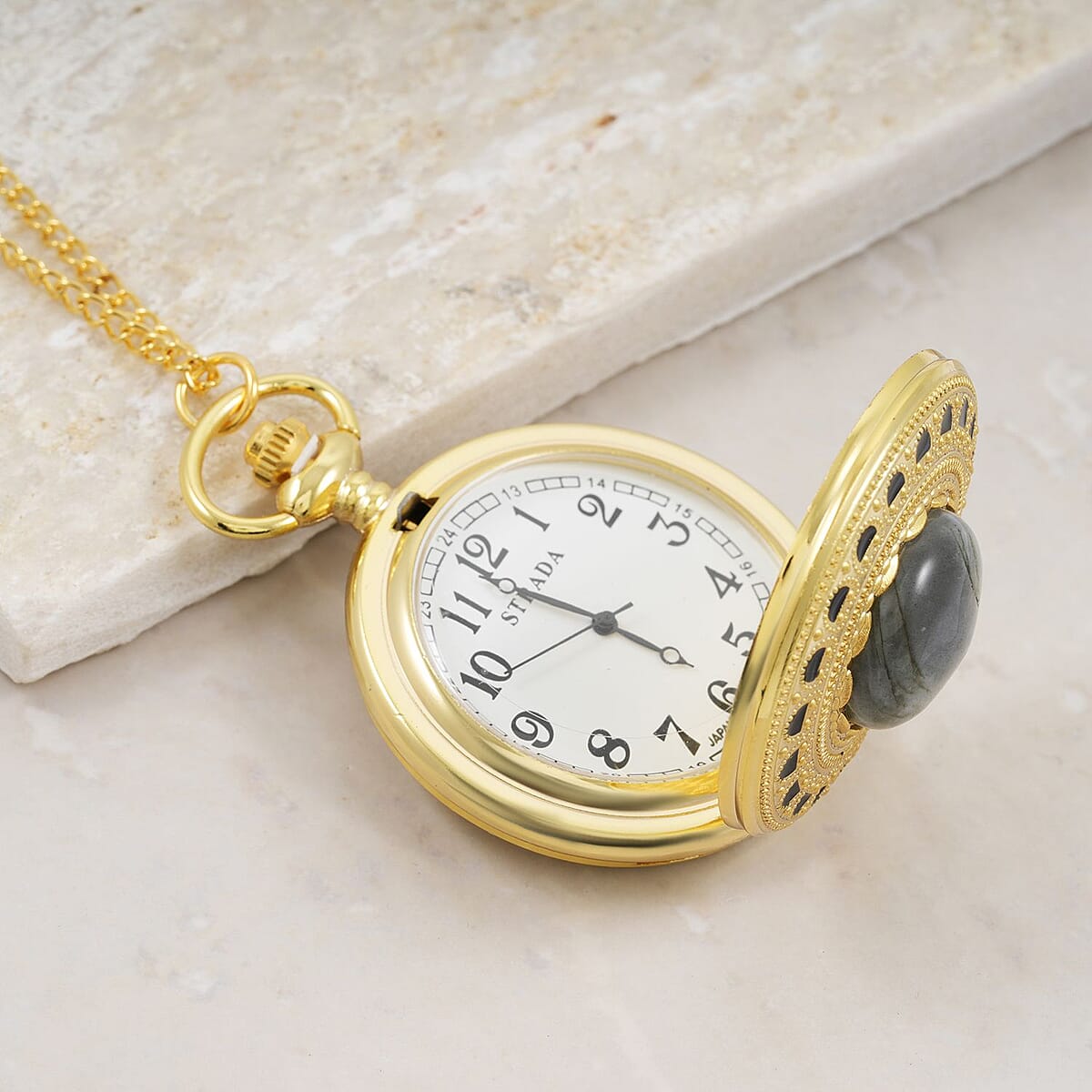 Strada Japanese Movement Labradorite Pocket Watch with Chain (36 Inches) in Goldtone 15.00 ctw image number 1