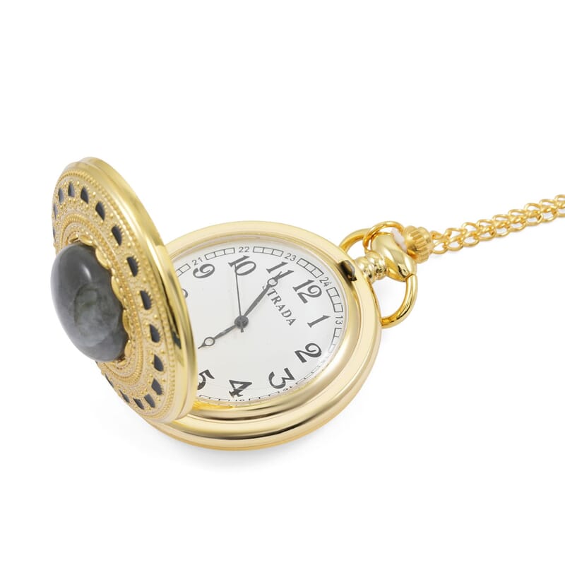 Strada Japanese Movement Labradorite Pocket Watch with Chain (36 Inches) in Goldtone 15.00 ctw