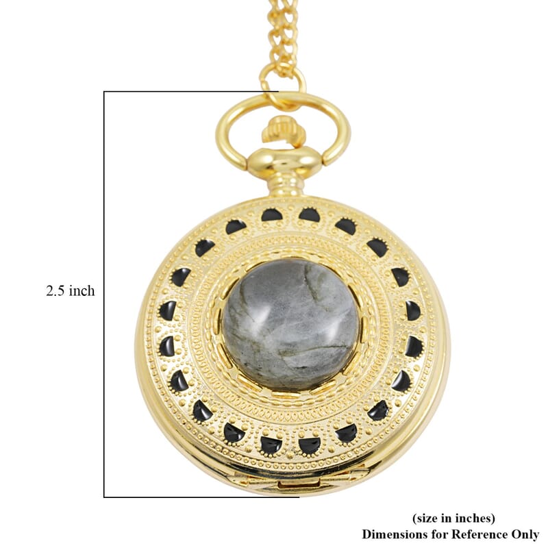 Strada Japanese Movement Labradorite Pocket Watch with Chain (36 Inches) in Goldtone 15.00 ctw