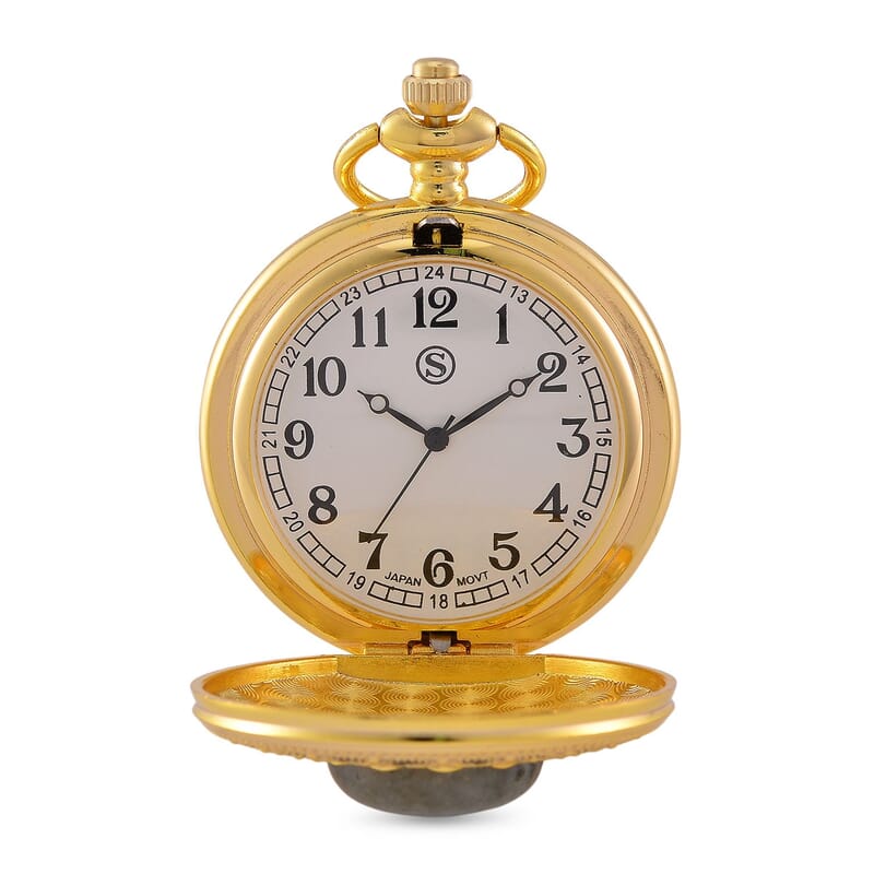 Strada Japanese Movement Labradorite Pocket Watch with Chain (36 Inches) in Goldtone 15.00 ctw