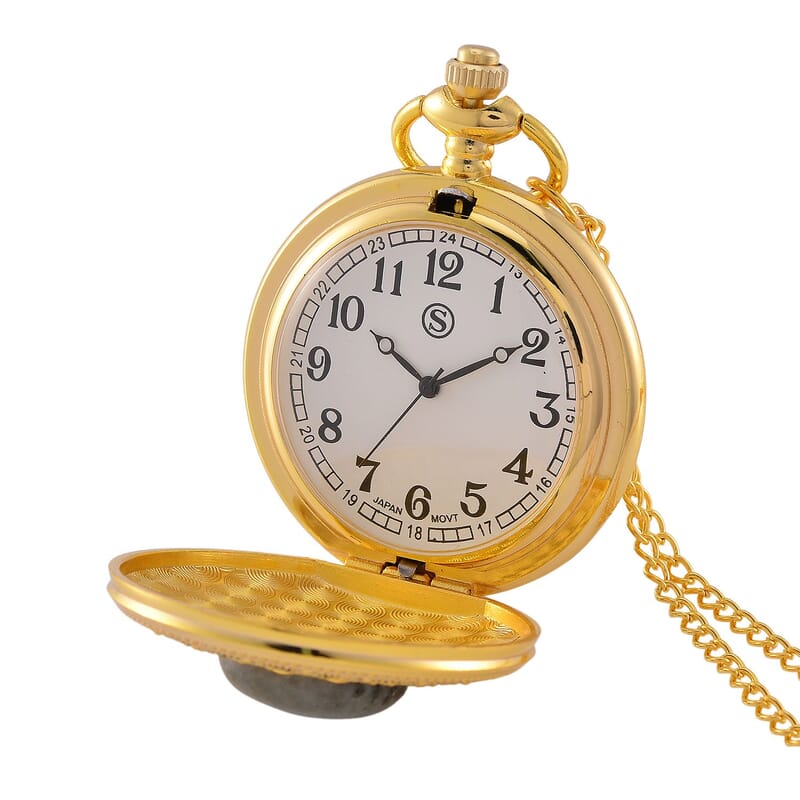 Strada Japanese Movement Labradorite Pocket Watch with Chain (36 Inches) in Goldtone 15.00 ctw