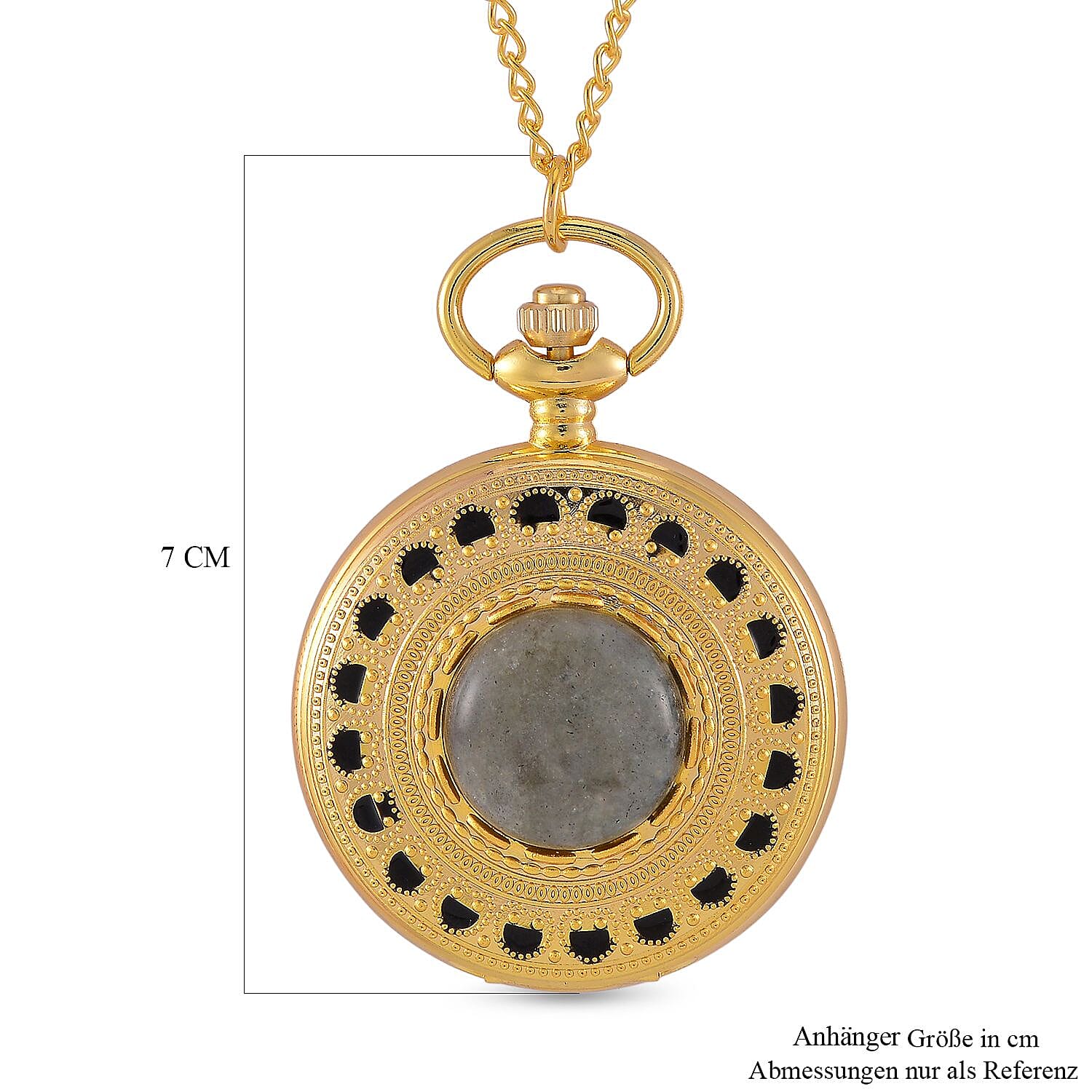 Strada Japanese Movement Labradorite Pocket Watch with Chain (36 Inches) in Goldtone 15.00 ctw