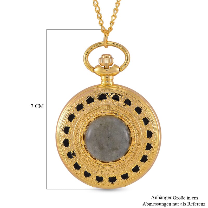 Strada Japanese Movement Labradorite Pocket Watch with Chain (36 Inches) in Goldtone 15.00 ctw