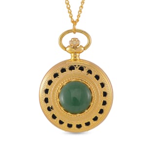 Strada Japanese Movement Green Aventurine Pocket Watch with Chain (36 Inches) in Goldtone 15.00 ctw