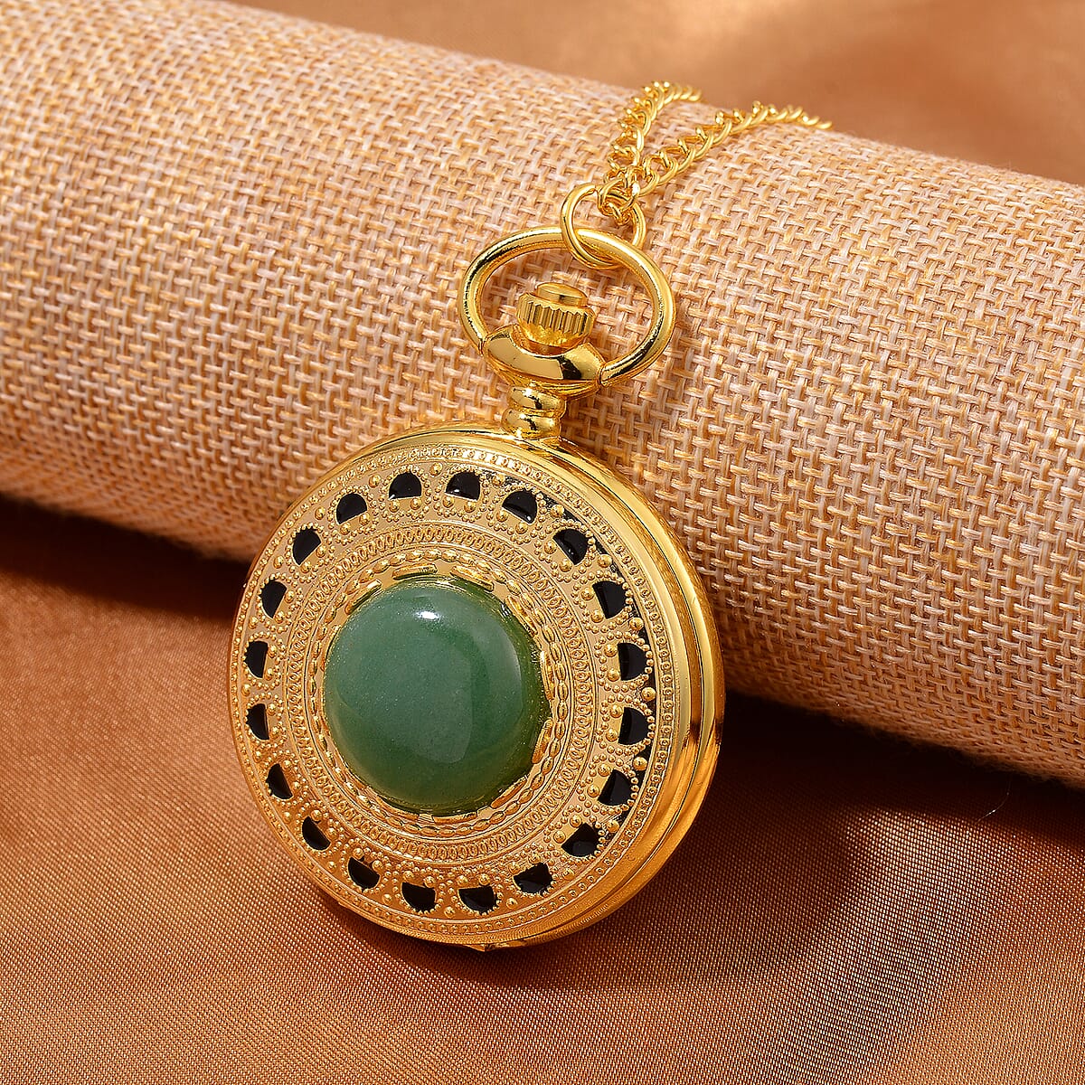 Strada Japanese Movement Green Aventurine Pocket Watch with Chain (36 Inches) in Goldtone 15.00 ctw image number 1