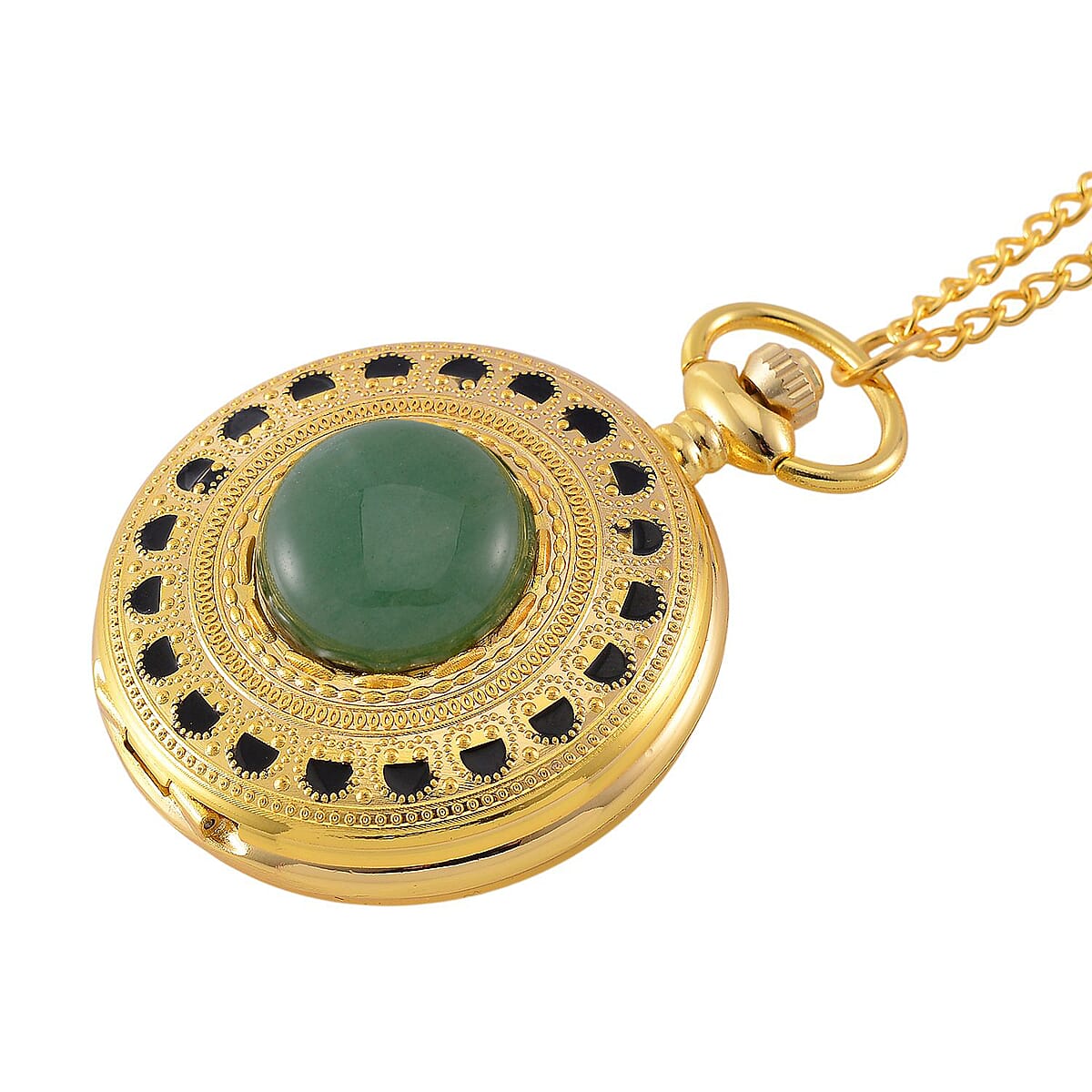 Strada Japanese Movement Green Aventurine Pocket Watch with Chain (36 Inches) in Goldtone 15.00 ctw image number 2