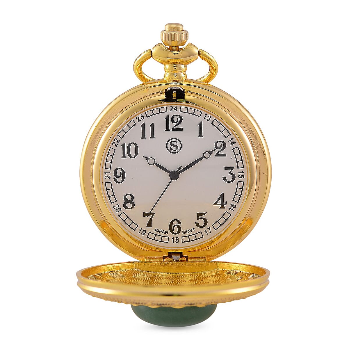 Strada Japanese Movement Green Aventurine Pocket Watch with Chain (36 Inches) in Goldtone 15.00 ctw image number 5