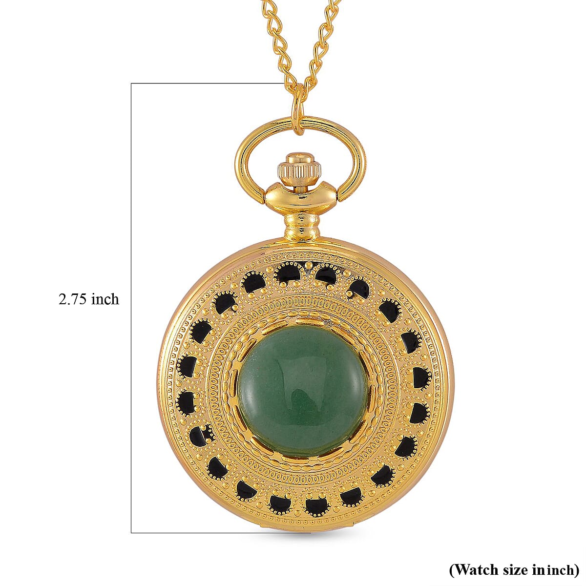 Strada Japanese Movement Green Aventurine Pocket Watch with Chain (36 Inches) in Goldtone 15.00 ctw image number 7