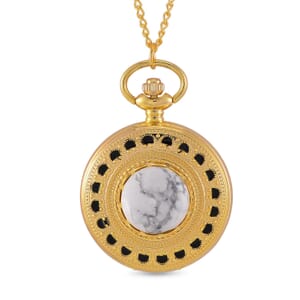 Strada Japanese Movement White Howlite Pocket Watch with Chain (36 Inches) in Goldtone 15.00 ctw