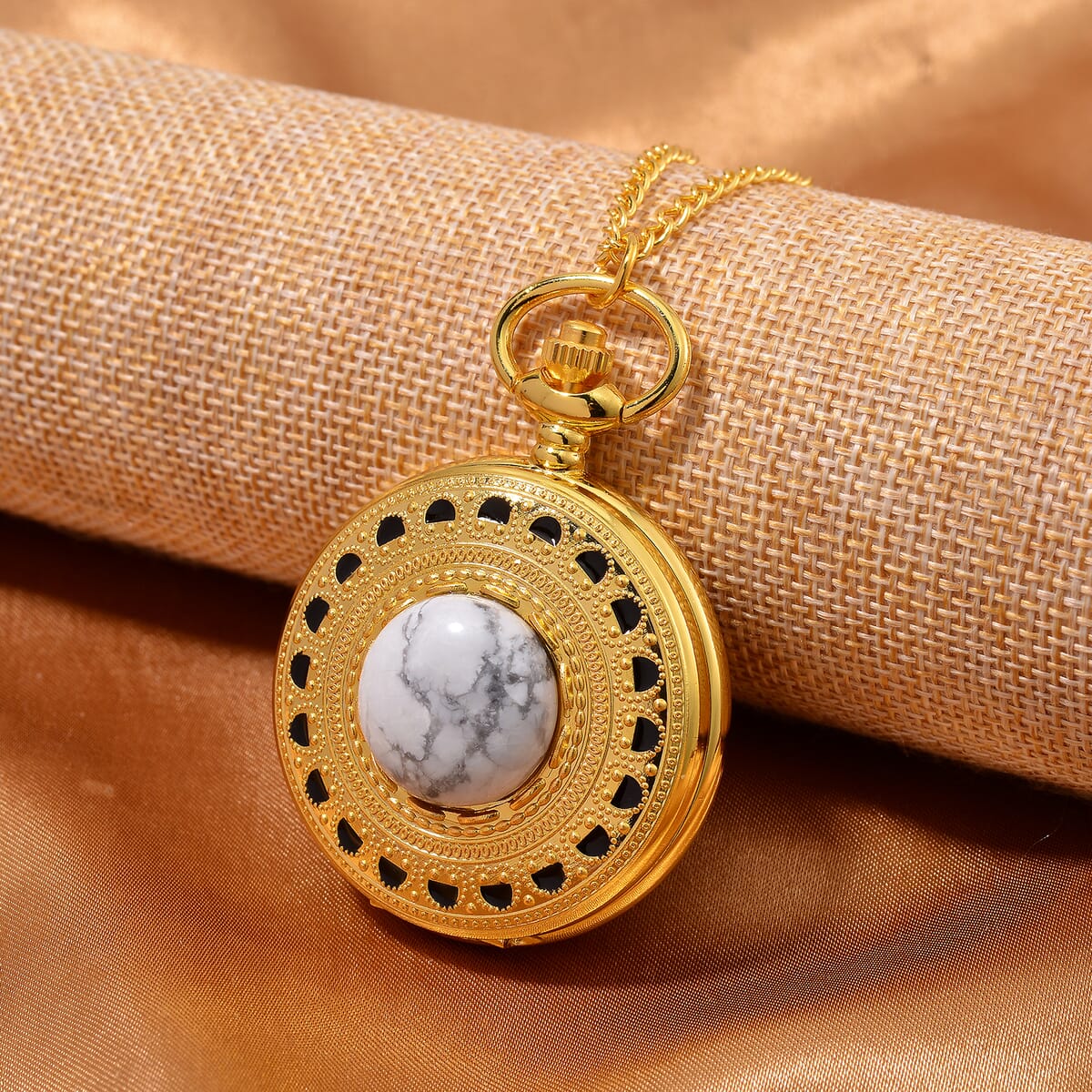 Strada Japanese Movement White Howlite Pocket Watch with Chain (36 Inches) in Goldtone 15.00 ctw image number 1