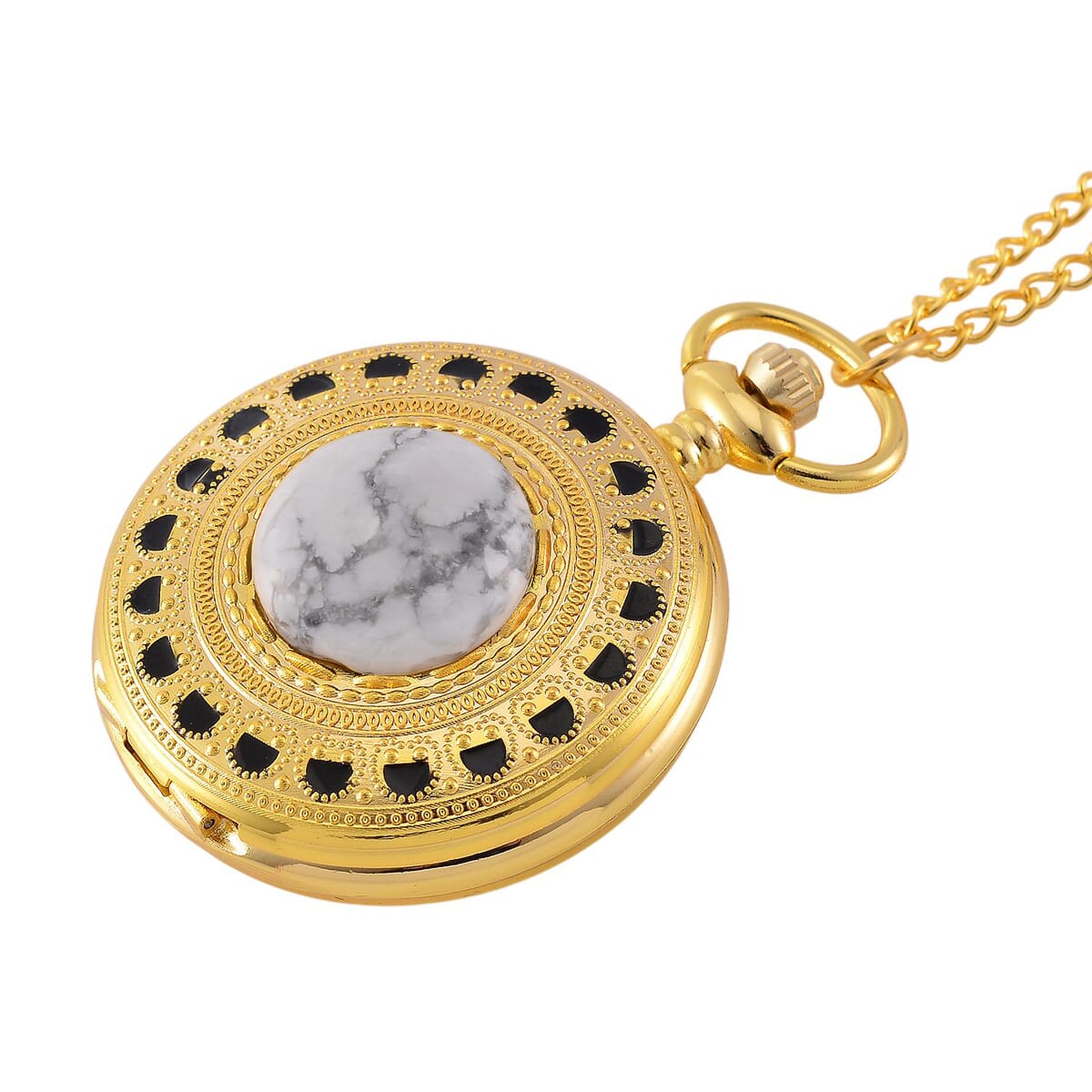 Strada Japanese Movement White Howlite Pocket Watch with Chain (36 Inches) in Goldtone 15.00 ctw image number 2