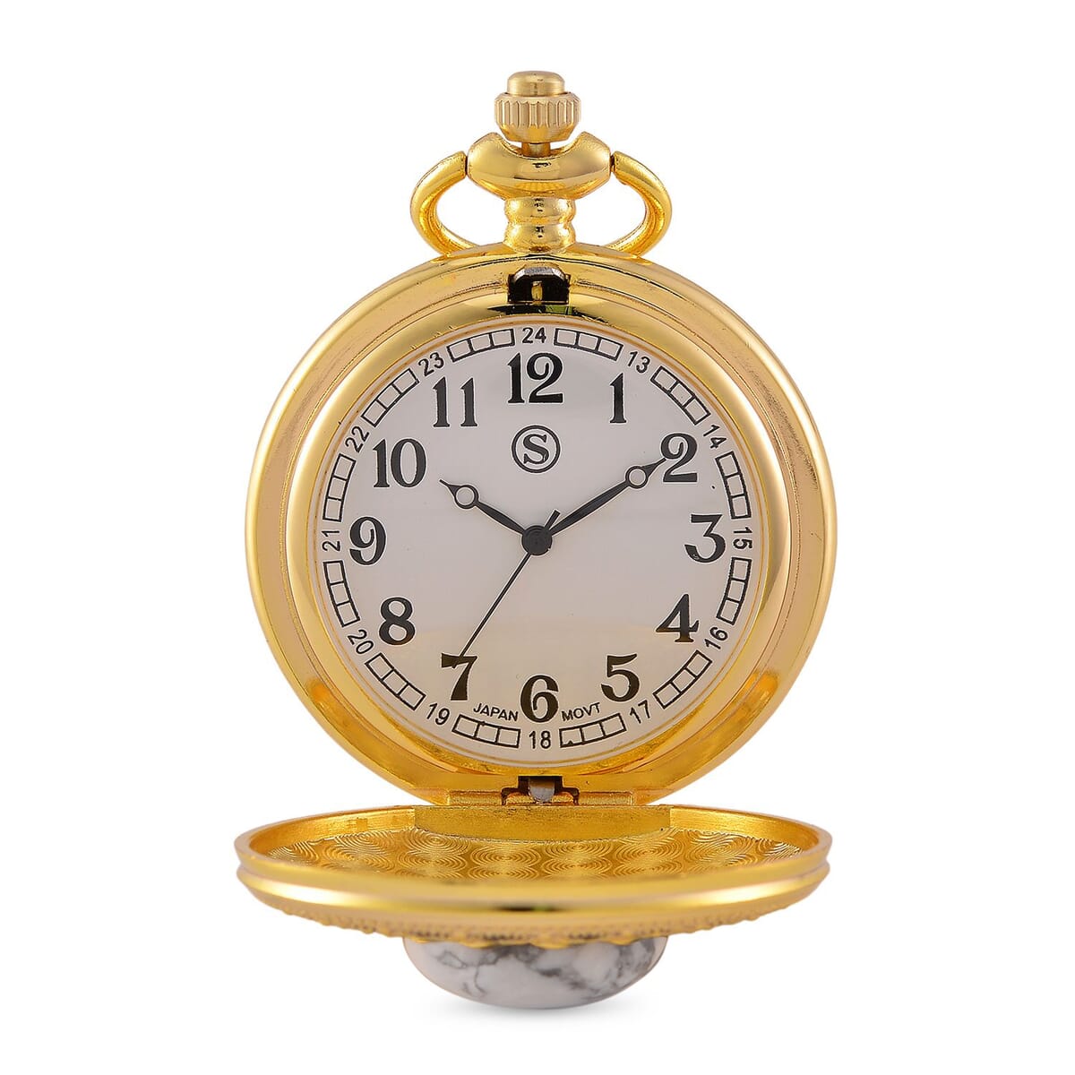 Strada Japanese Movement White Howlite Pocket Watch with Chain (36 Inches) in Goldtone 15.00 ctw image number 5