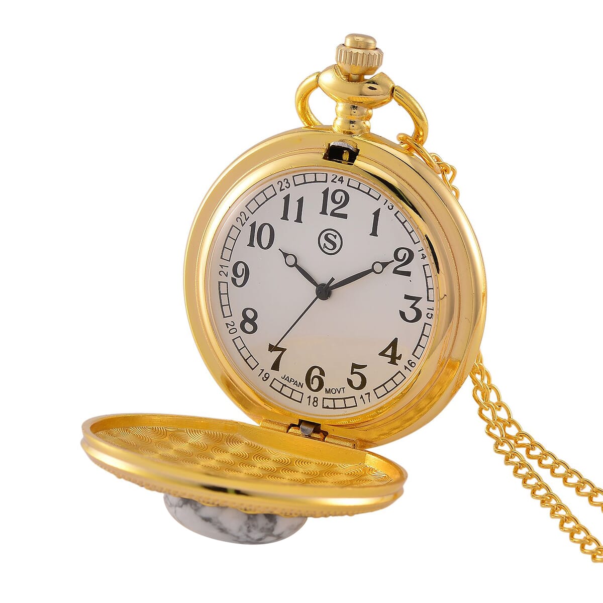 Strada Japanese Movement White Howlite Pocket Watch with Chain (36 Inches) in Goldtone 15.00 ctw image number 6
