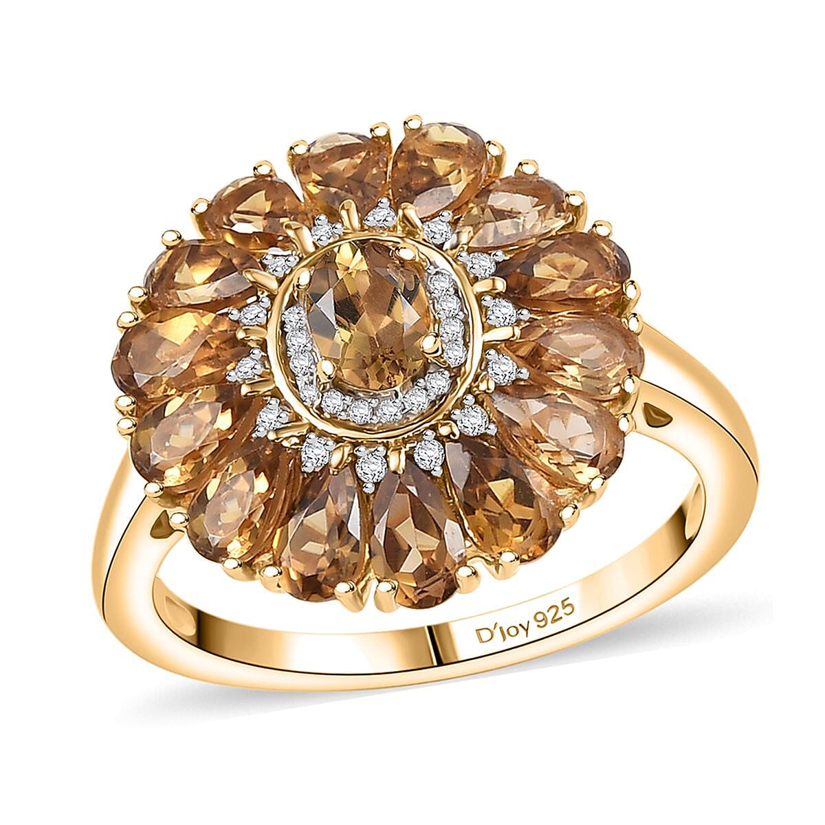 D'Joy Premium Golden Turkizite and White Zircon 3.80 ctw Sunflower Ring in 18K Vermeil YG and Rhodium Over Sterling Silver (Size 10.0) image number 0